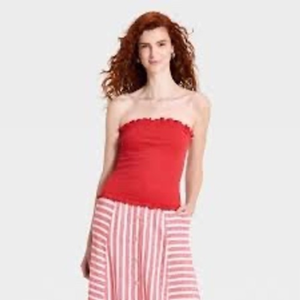 Universal Thread Red Textured Lettuce Edge Strapless Tube Top XL